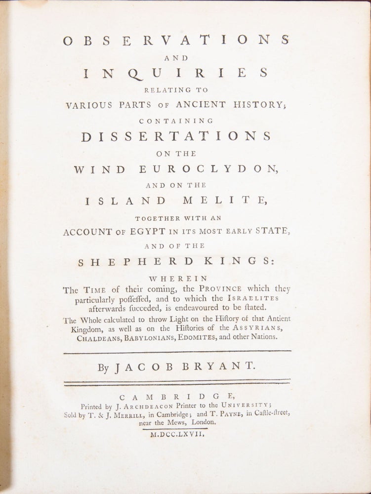 Item #207 Observations and Inquiries Relating to Various Parts of Ancient History. Jacob Bryant.