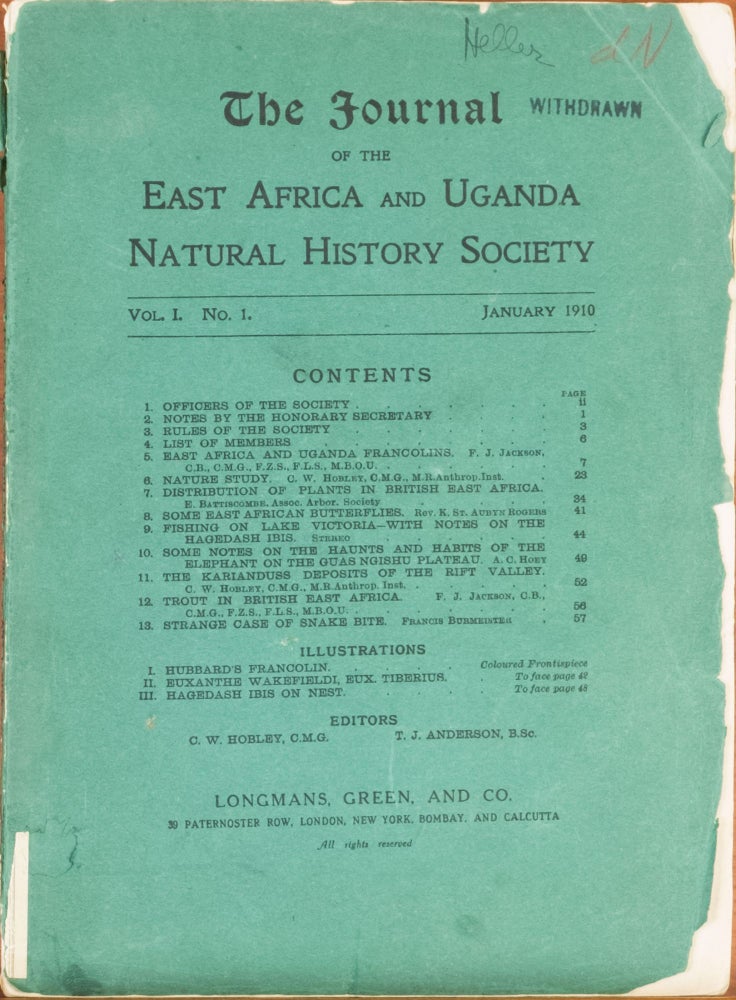 Item #5821 THE JOURNAL OF THE EAST AFRICA AND UGANDA NATURAL HISTORY SOCIETY. C Hobley, W.